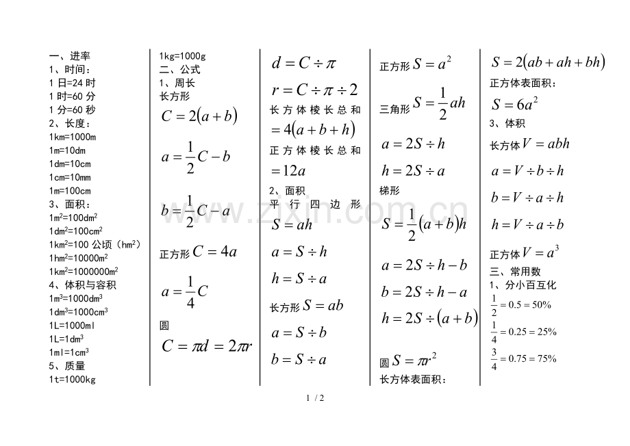 小学教育数学进率公式常用数总结.doc_第1页