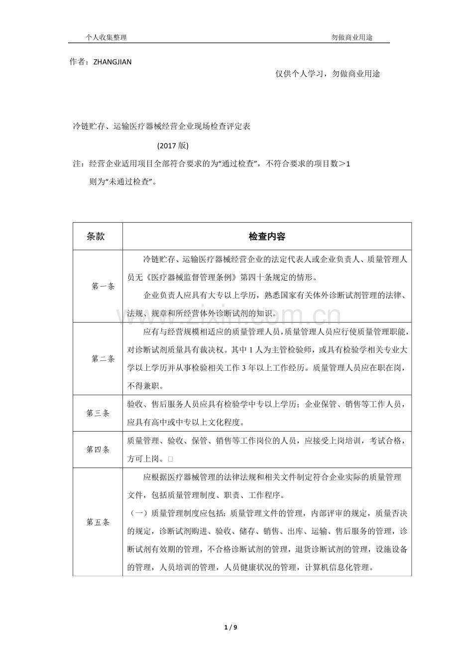 2017冷链贮存、运输医疗器械经营企业现场检查评定表[10页].docx_第1页