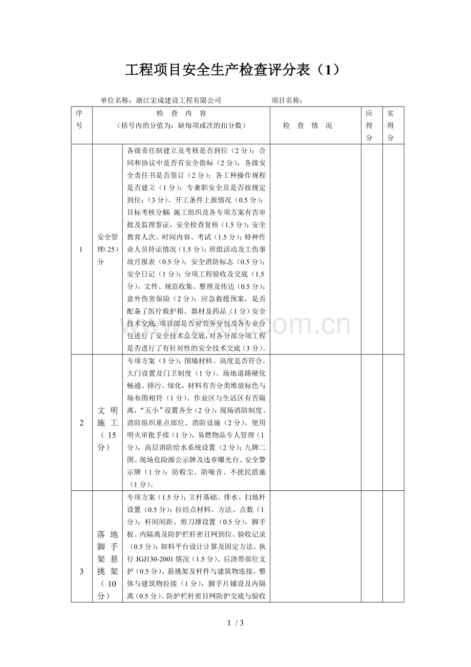 项目工程安全生产检查评分表.doc_第1页