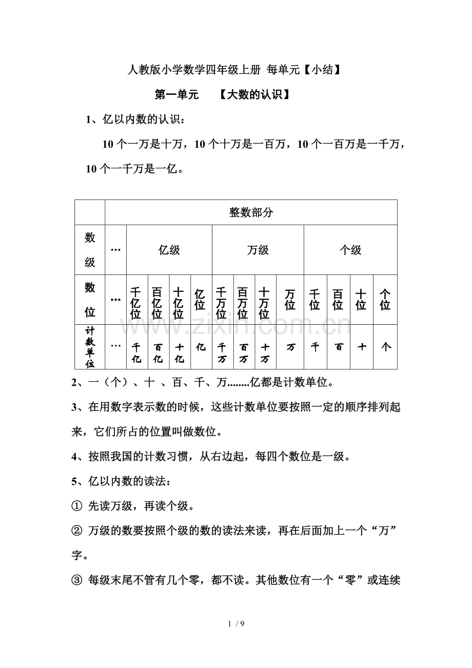 课标人教新版四年级数学上册知识点归纳.doc_第1页