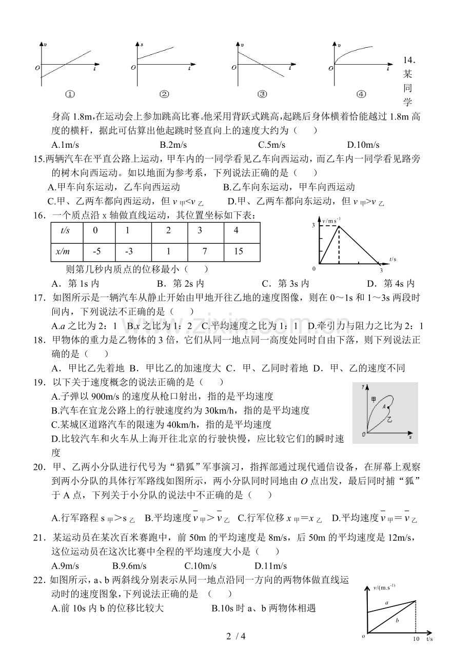 人教版高一物理必修1第一二章综合测试含标准答案.doc_第2页