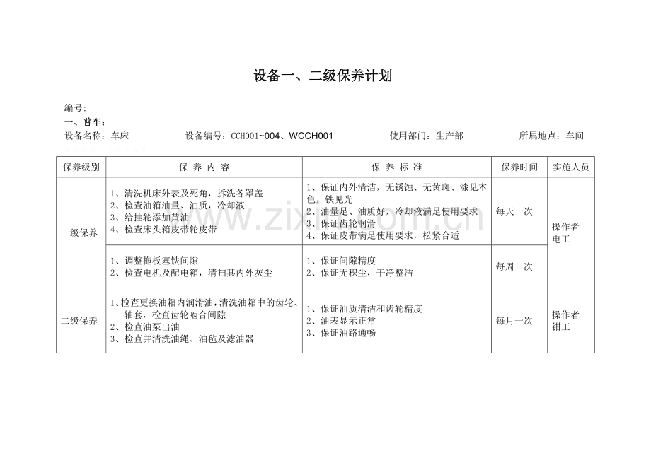 设备保养计划-机加工车间.doc_第1页