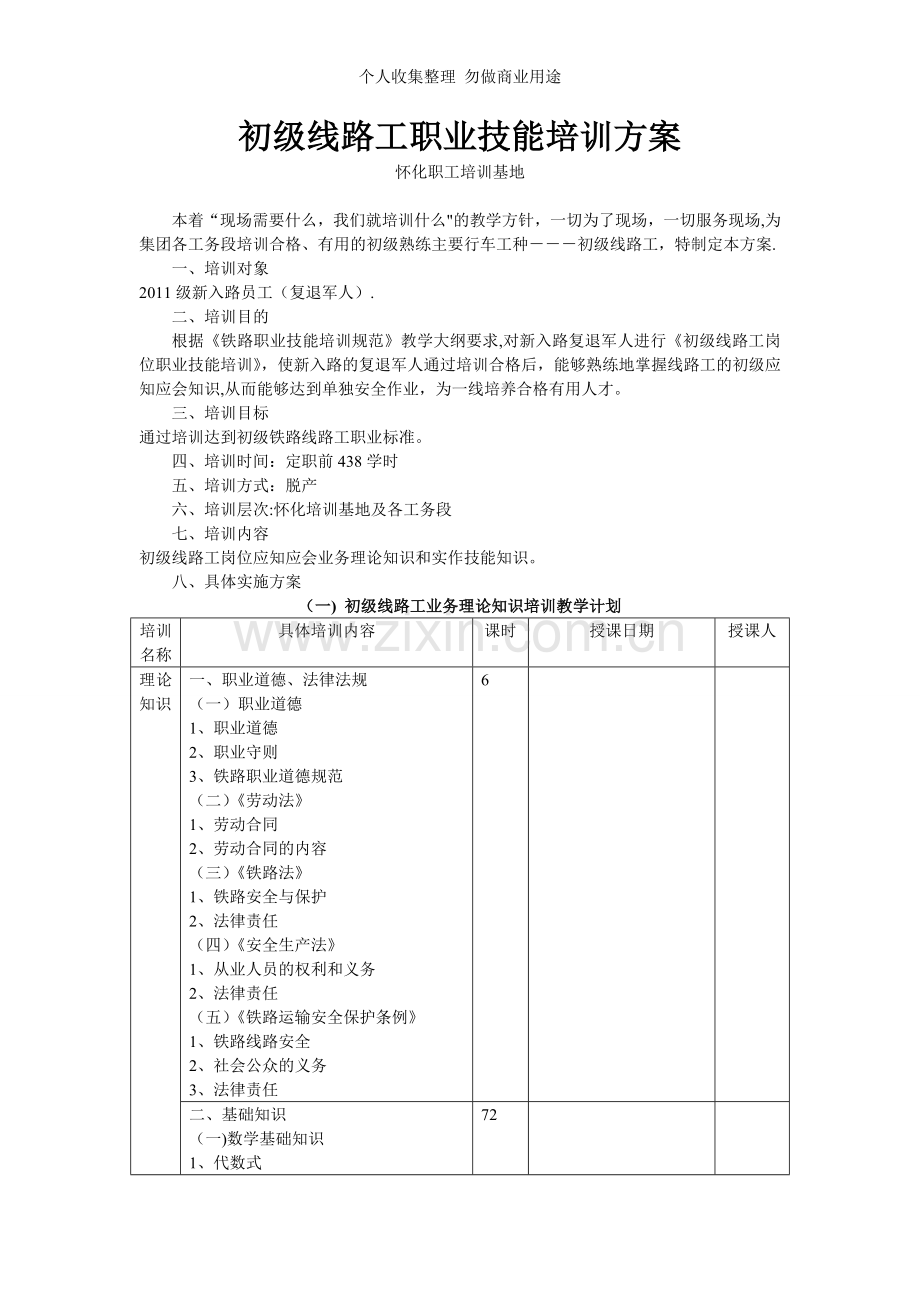 铁路初级线路工职业技能培训方案.doc_第1页