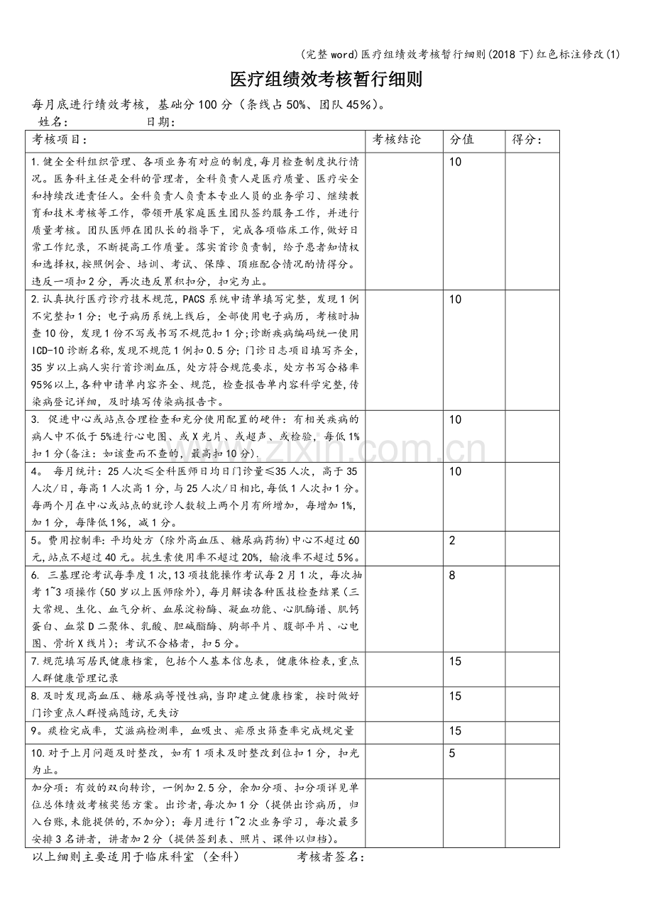 医疗组绩效考核暂行细则(2018下)红色标注修改(1).doc_第1页