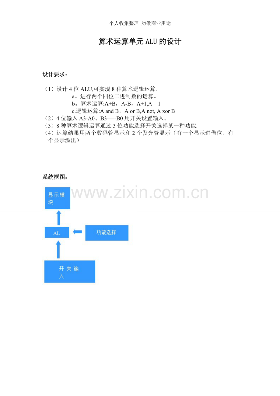 算术运算单元ALU的设计实现几种基本功能.doc_第1页