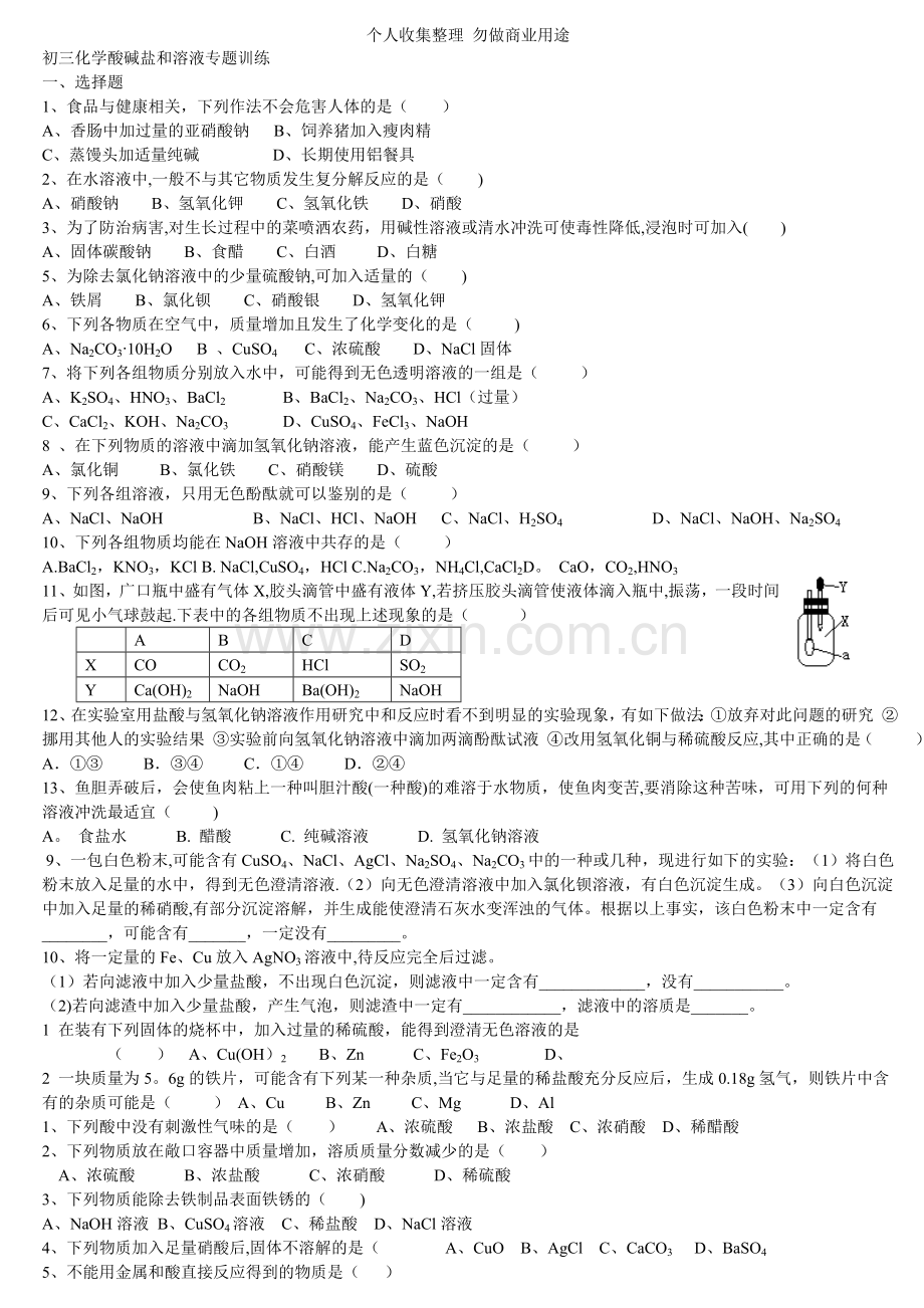 初三化学酸碱盐专题训练和溶解度图像题.doc_第1页