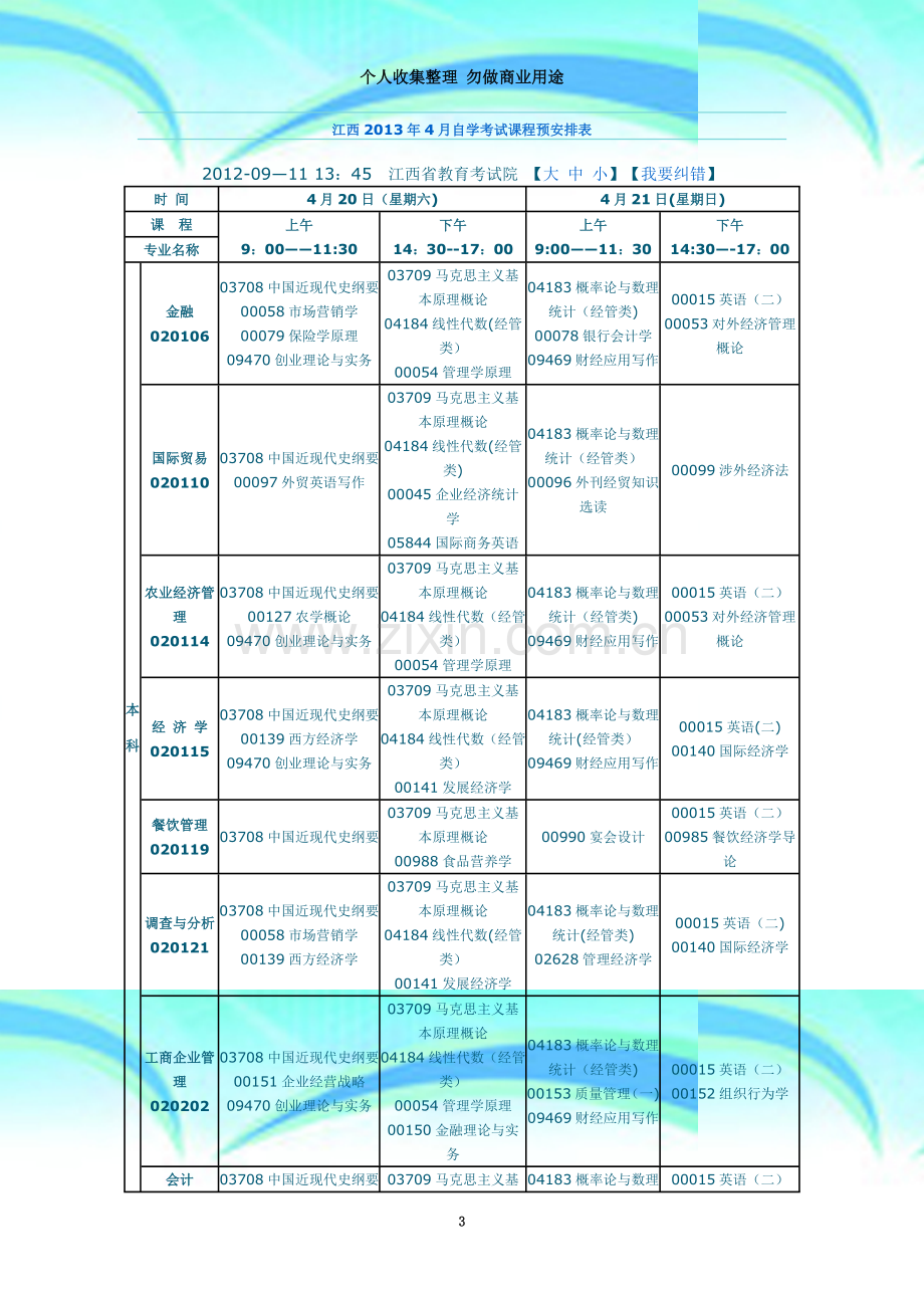 江西2013年4月自学考试课程预安排表.doc_第3页