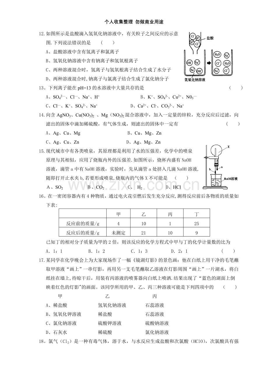 初中化学试题：第七章应用广泛的酸碱盐单元自测试题B及答案.doc_第2页