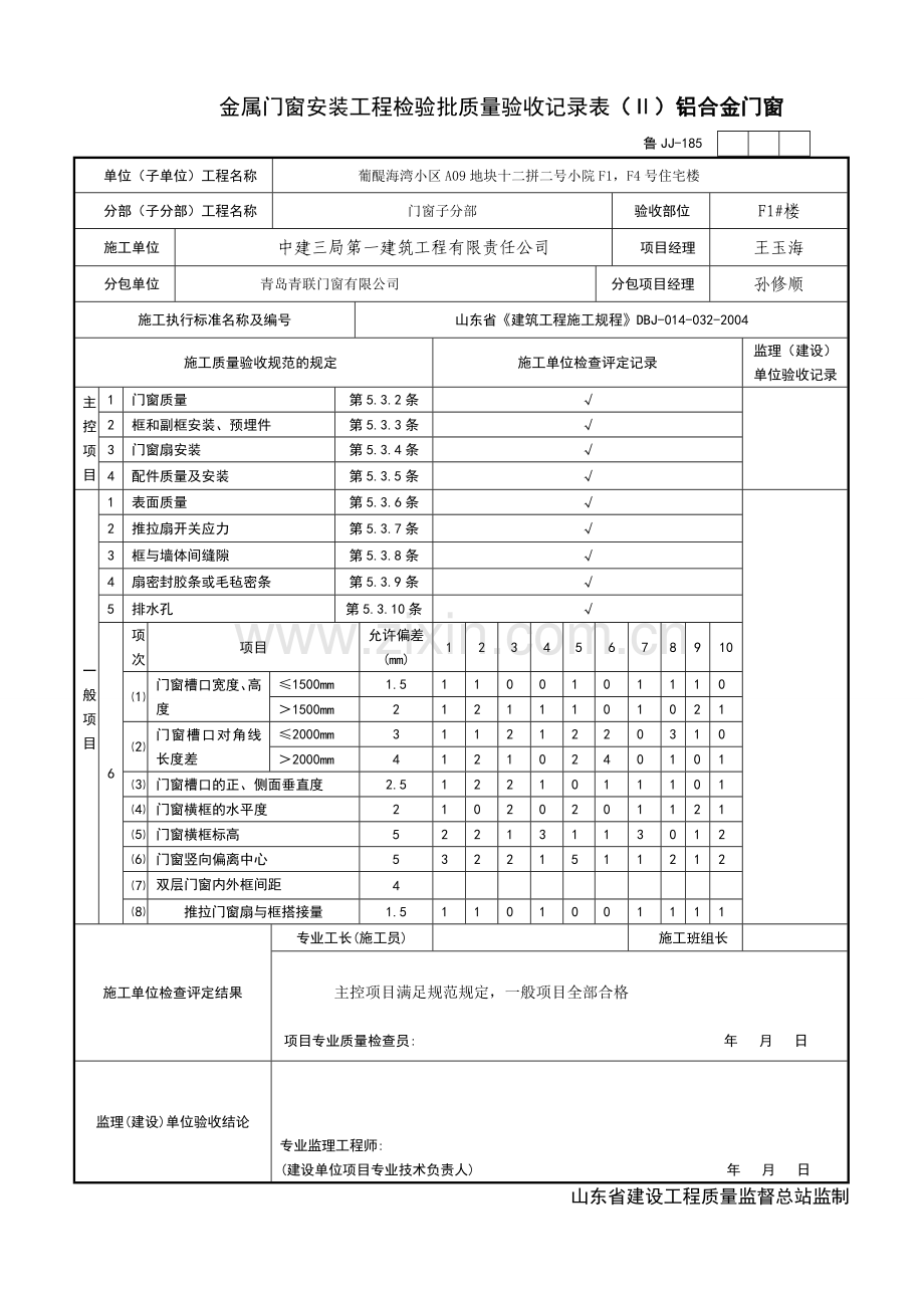 金属门窗安装工程检验批质量验收记录表1.doc_第1页