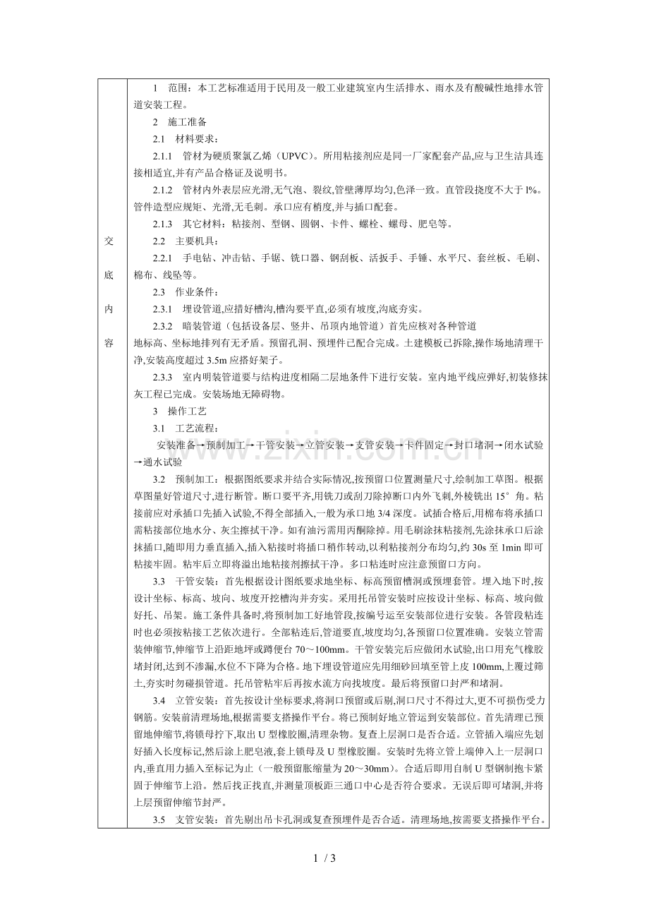 室内塑料排水管道安装分项工程质量技术交底卡.doc_第1页