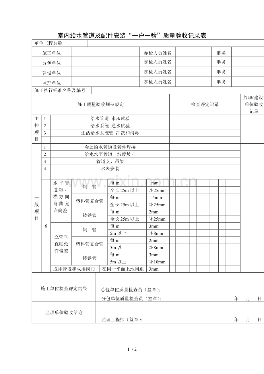 室内给水管道及配件安装一户一验质量验收记录表.doc_第1页