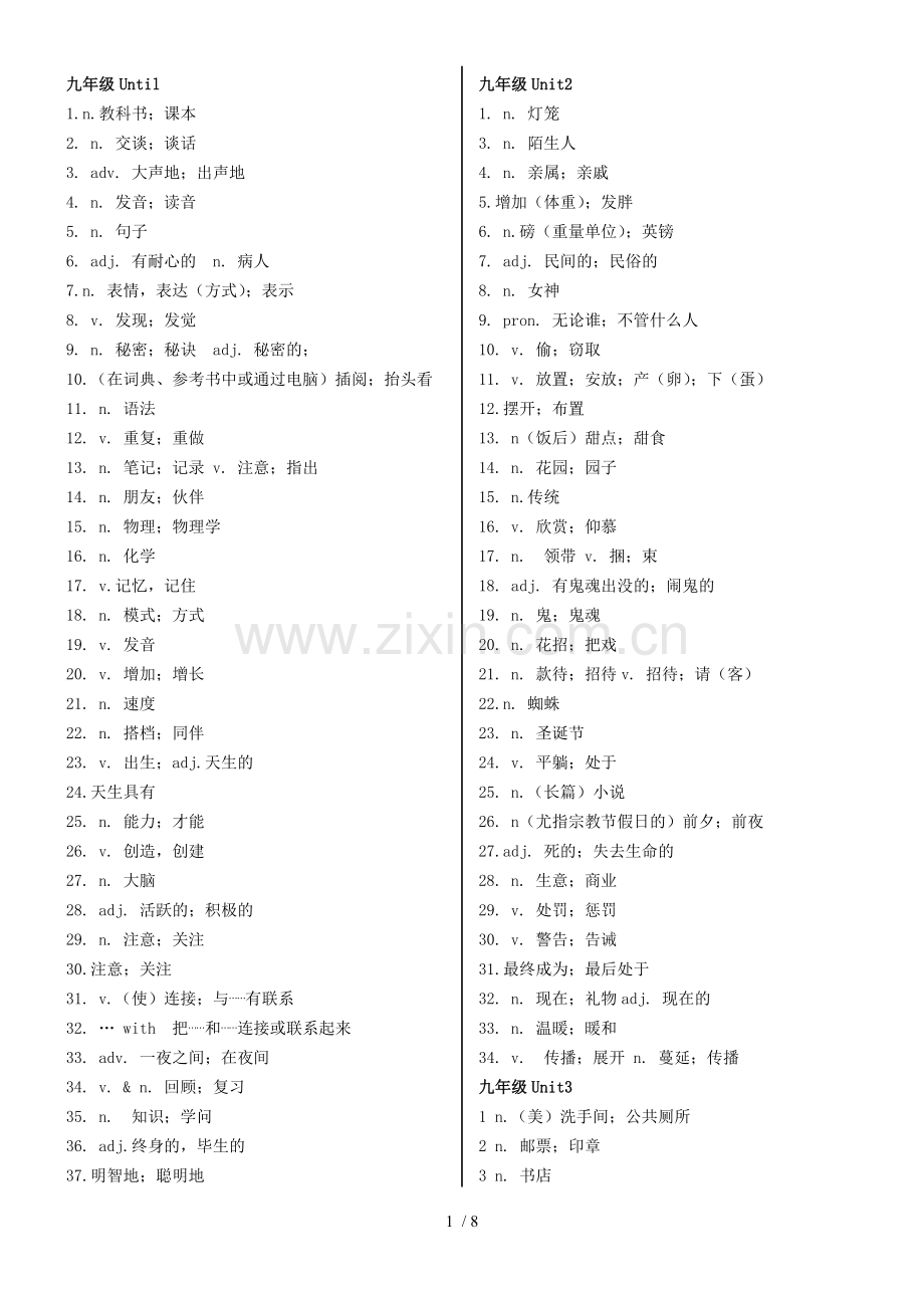 人教新版九年级英语单词默写卷.doc_第1页