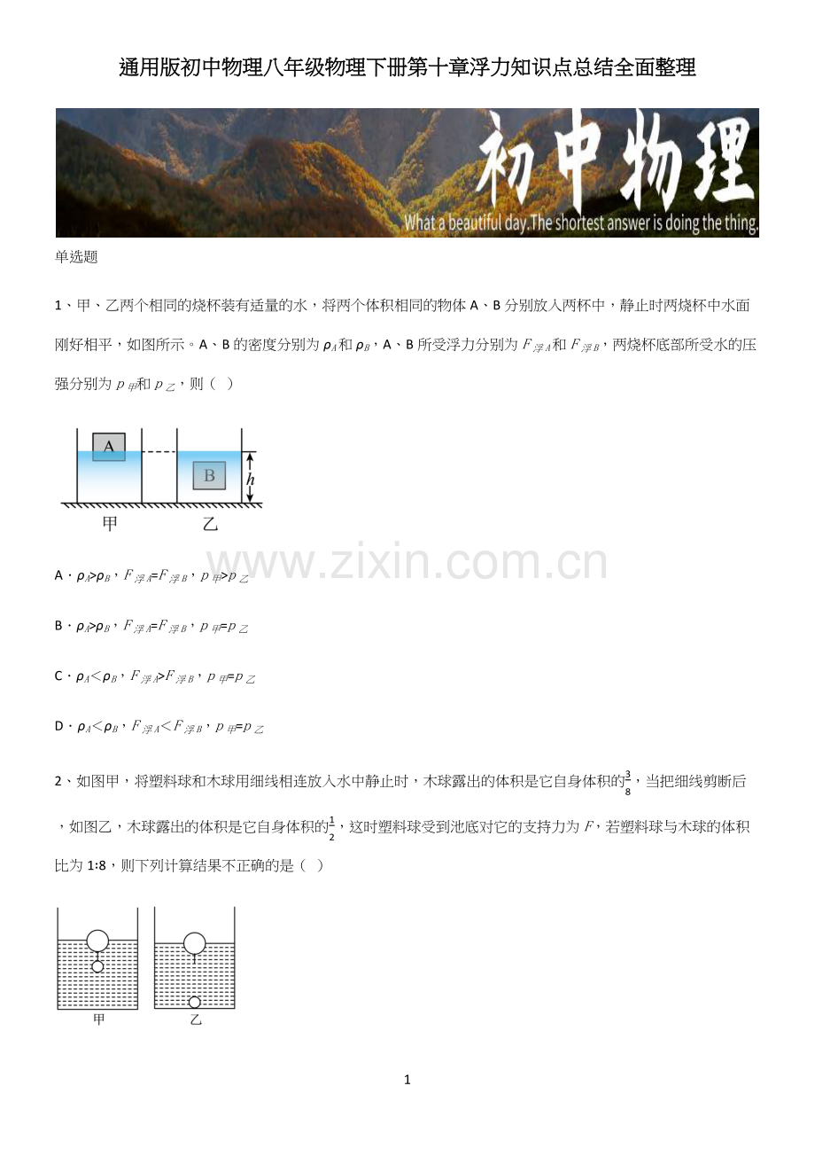 通用版初中物理八年级物理下册第十章浮力知识点总结全面整理.docx_第1页