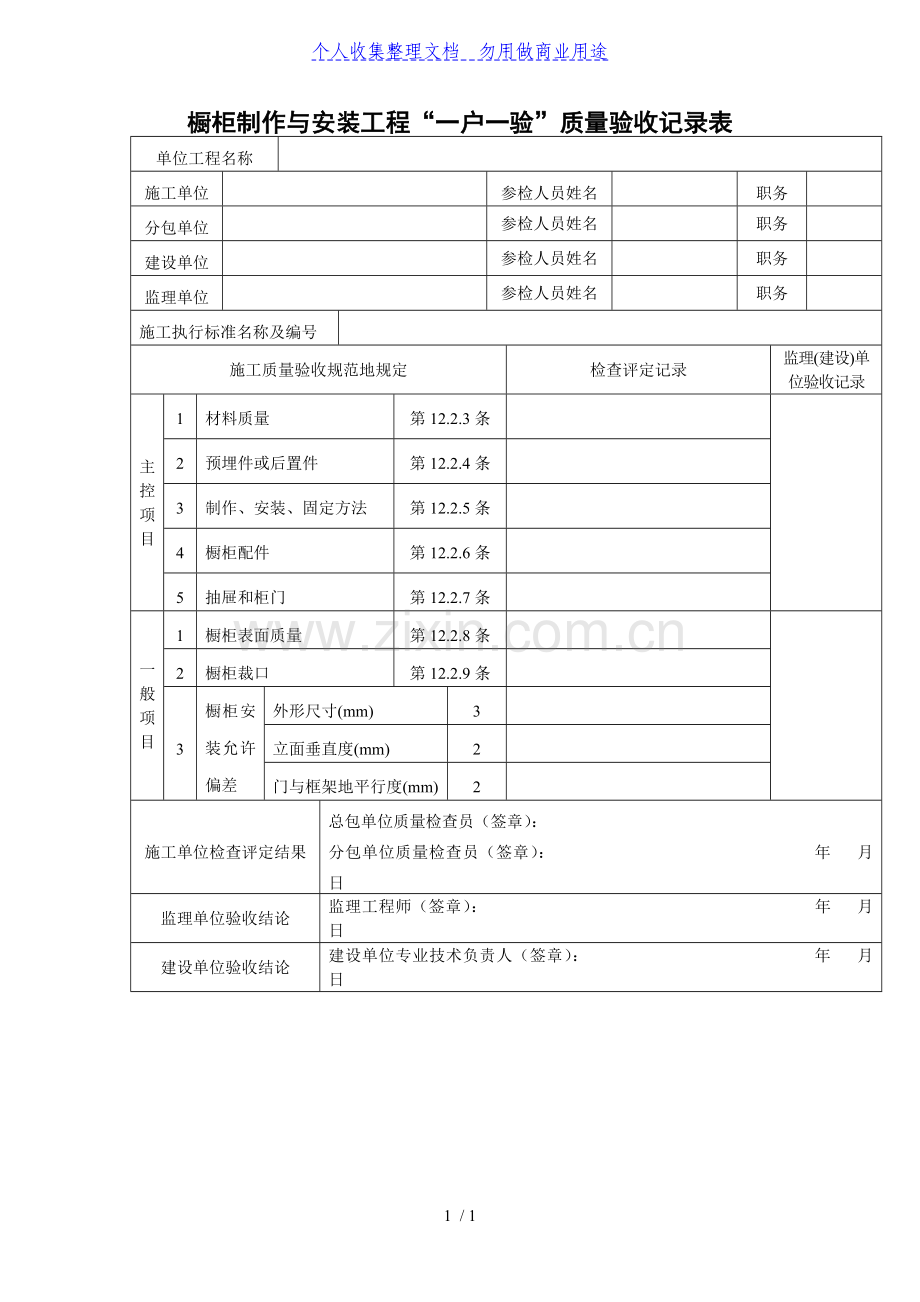 橱柜制作与安装工程项目一户一验质量验收记录表.doc_第1页