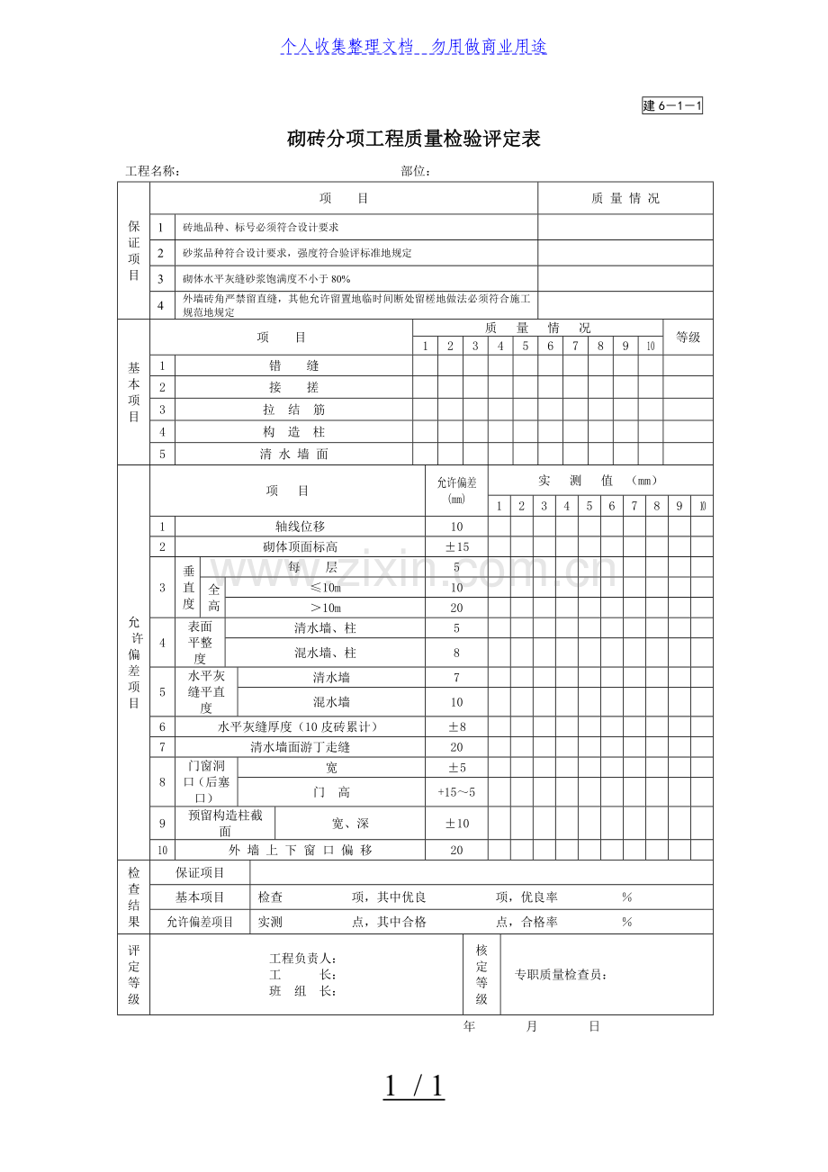 砌砖分项工程项目质量检验评定表.doc_第1页