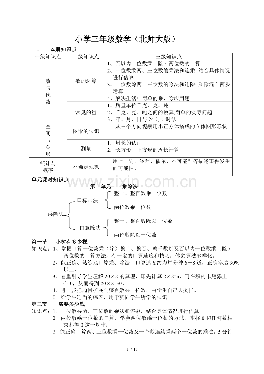 小学三年级数学上册知识点总结(北师大新版).doc_第1页