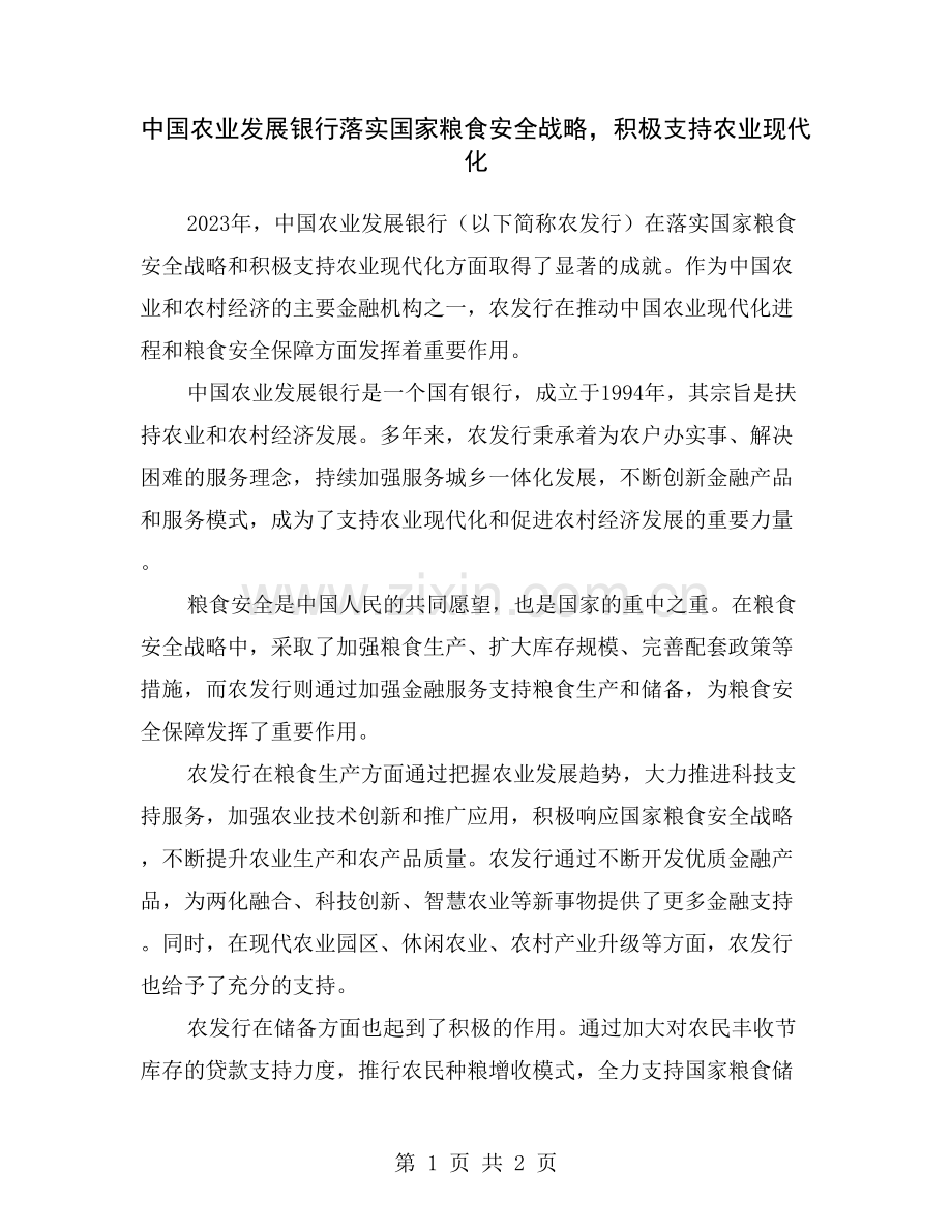 中国农业发展银行落实国家粮食安全战略-积极支持农业现代化.doc_第1页