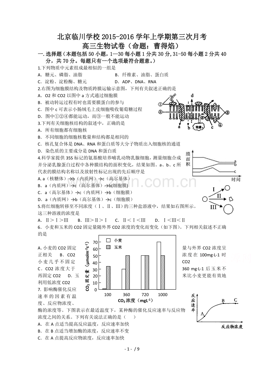 北京昌平临川育人学校2016届高三上学期10月月考生物试题含标准答案.doc_第1页