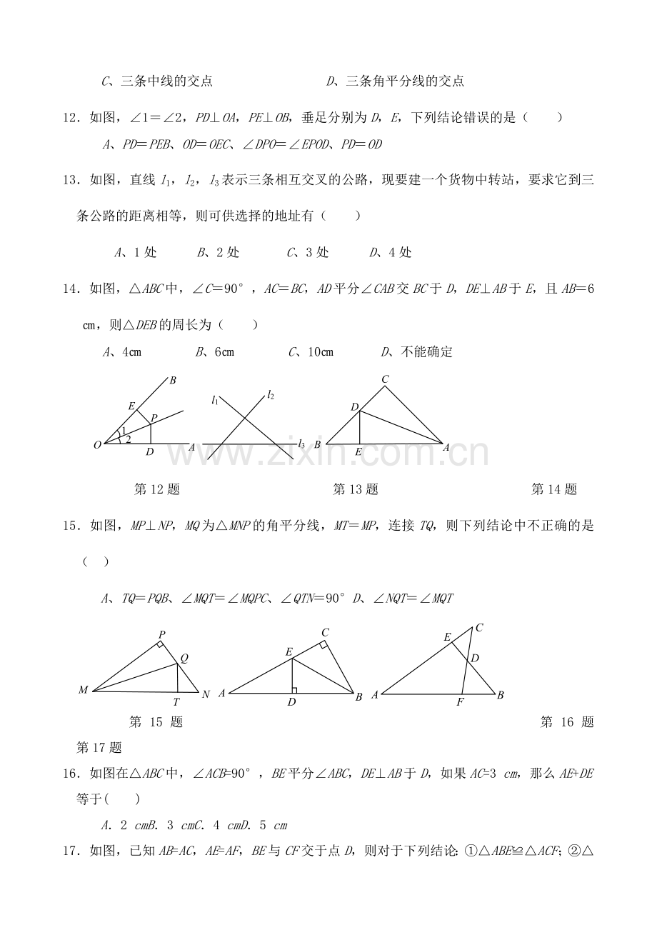 八数学上《角平分线》单元测试题(无答案)人教版.doc_第2页