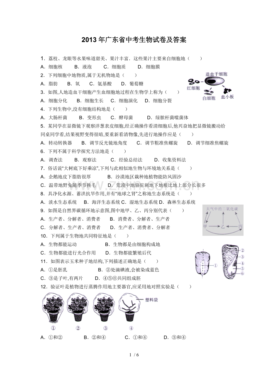 广东省中考生物试卷及答案.doc_第1页