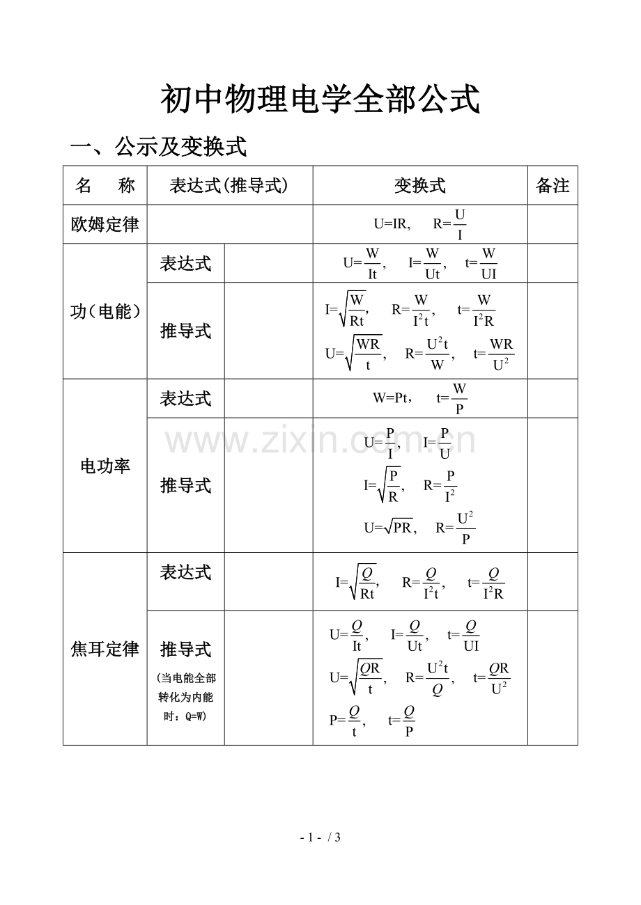 新人教版初级中学物理电学所有公式学生版.doc_第1页