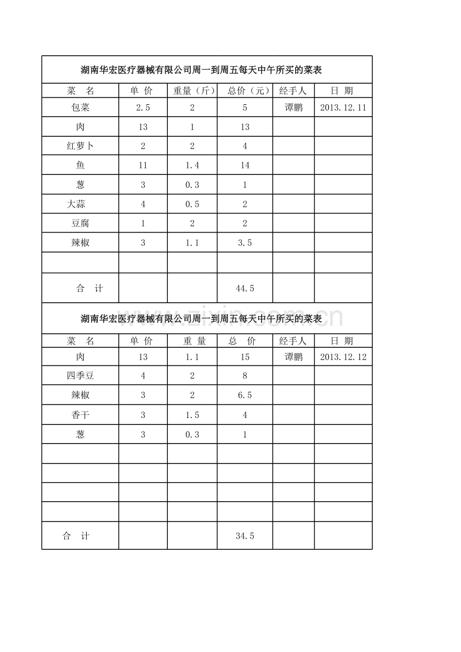 买菜菜单表.xls_第1页