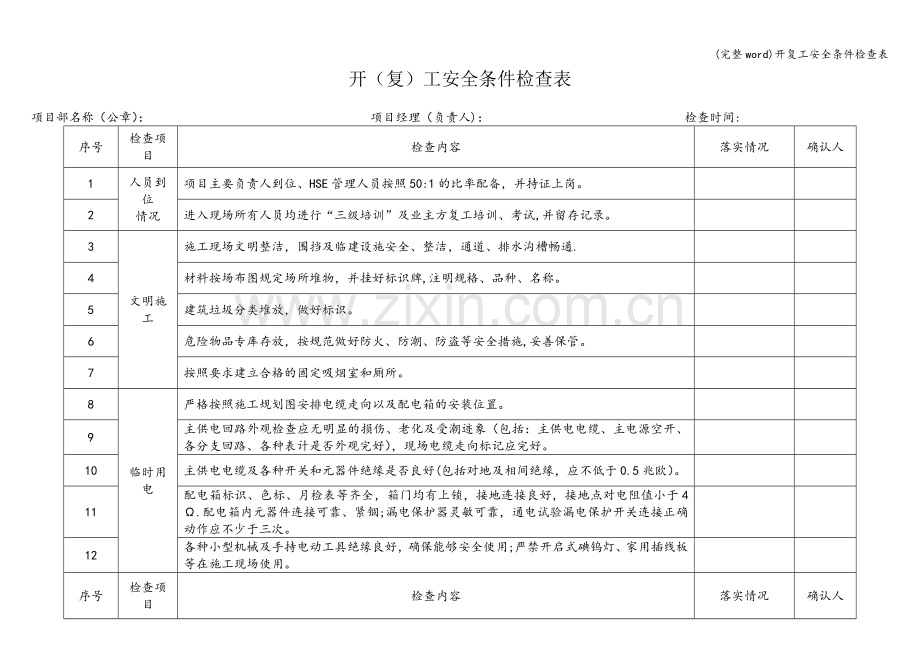 开复工安全条件检查表.doc_第1页