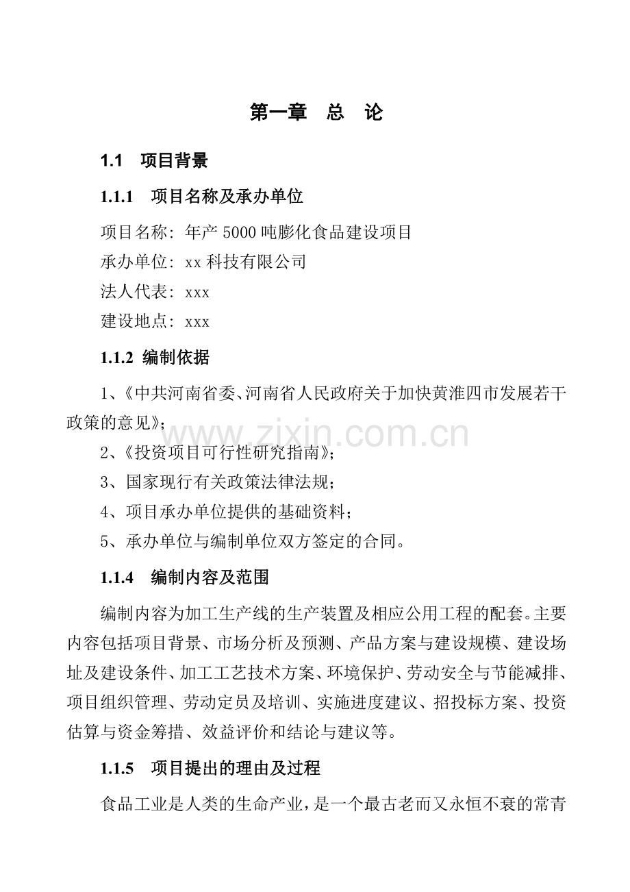 年产5000吨膨化食品项目申请建设可行性研究分析报告.doc_第1页