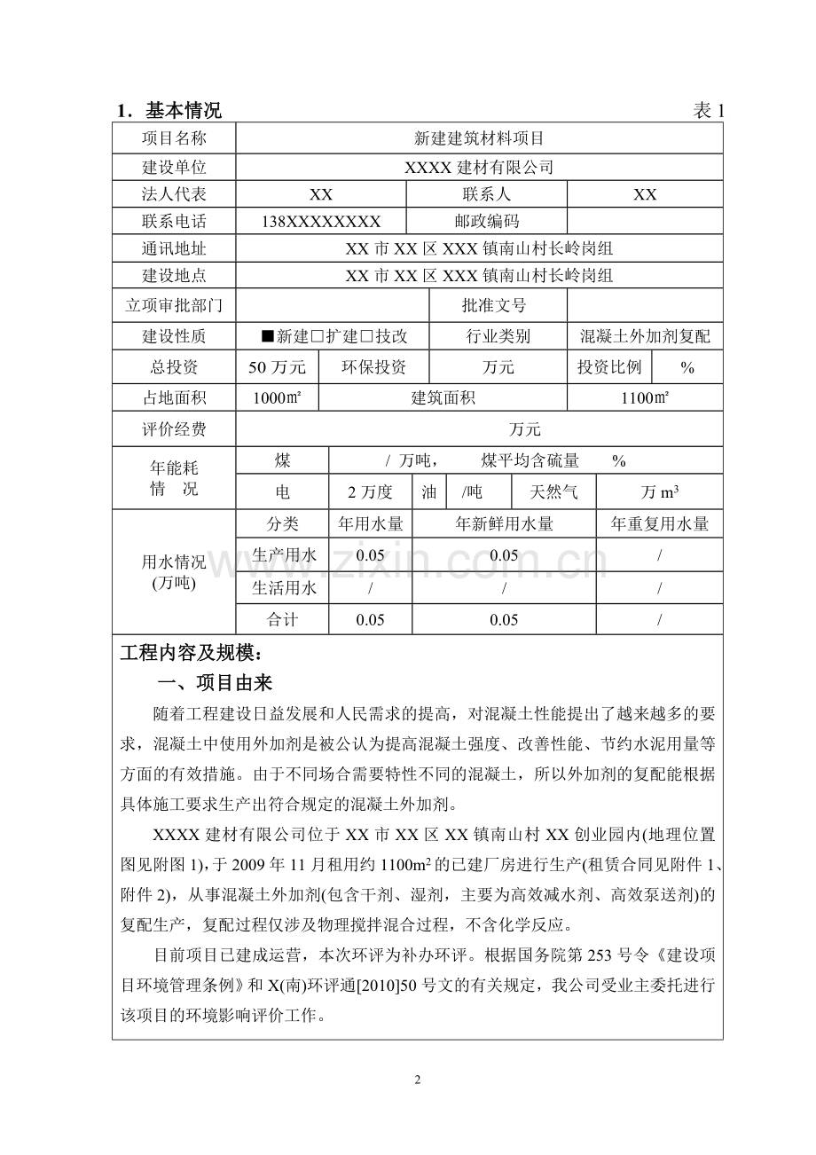 新建建筑材料年复配1000吨混凝土外加剂项目可行性投资环境影响评估报告.doc_第2页