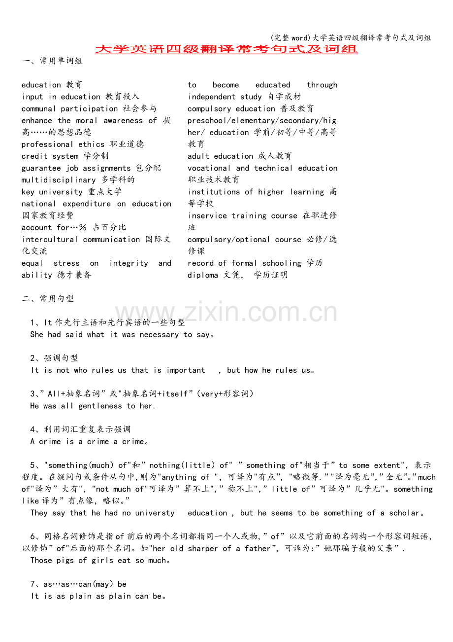 大学英语四级翻译常考句式及词组.doc_第1页