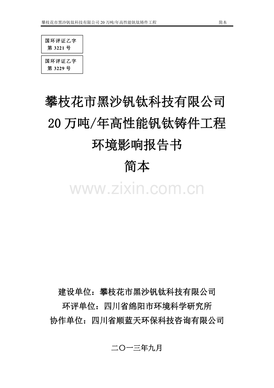 黑纱钒钛科技有限公司20万吨年高性能钒钛铸件工程申请立项环境影响评估报告书.doc_第1页