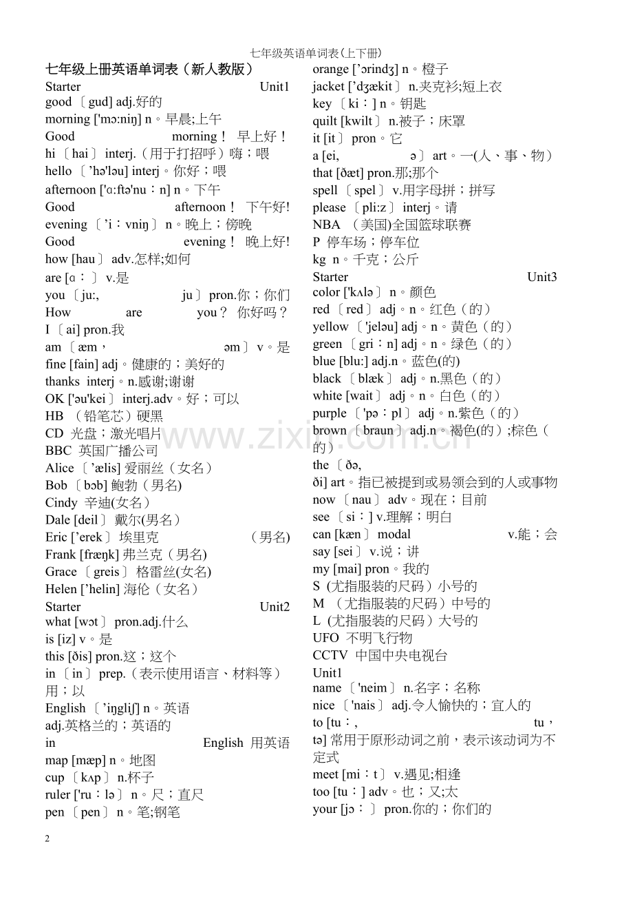 七年级英语单词表(上下册).docx_第2页