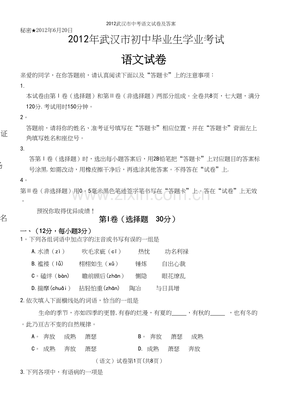 武汉市中考语文试卷及答案.docx_第2页