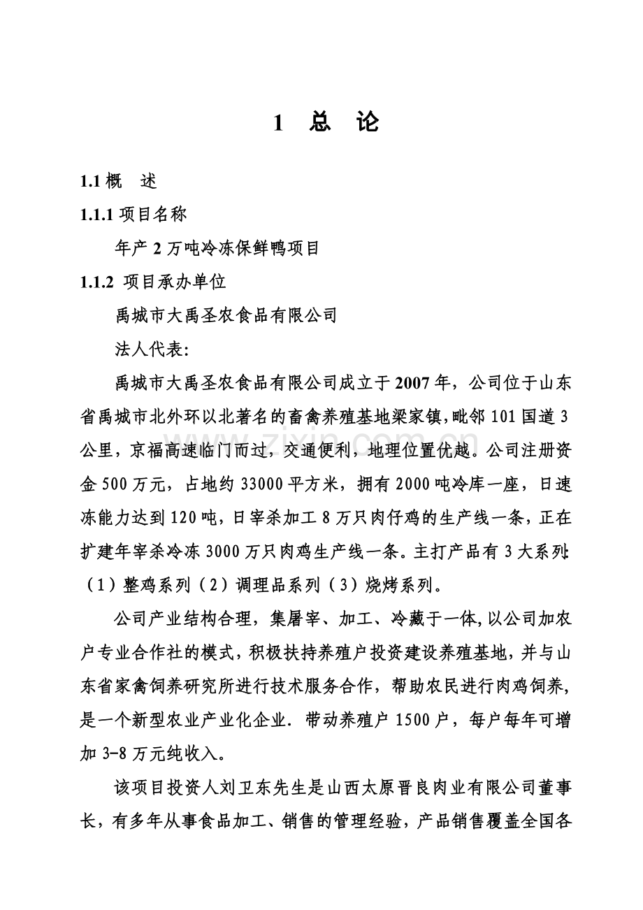 2万吨冷冻保鲜鸭项目可行性报告.doc_第1页