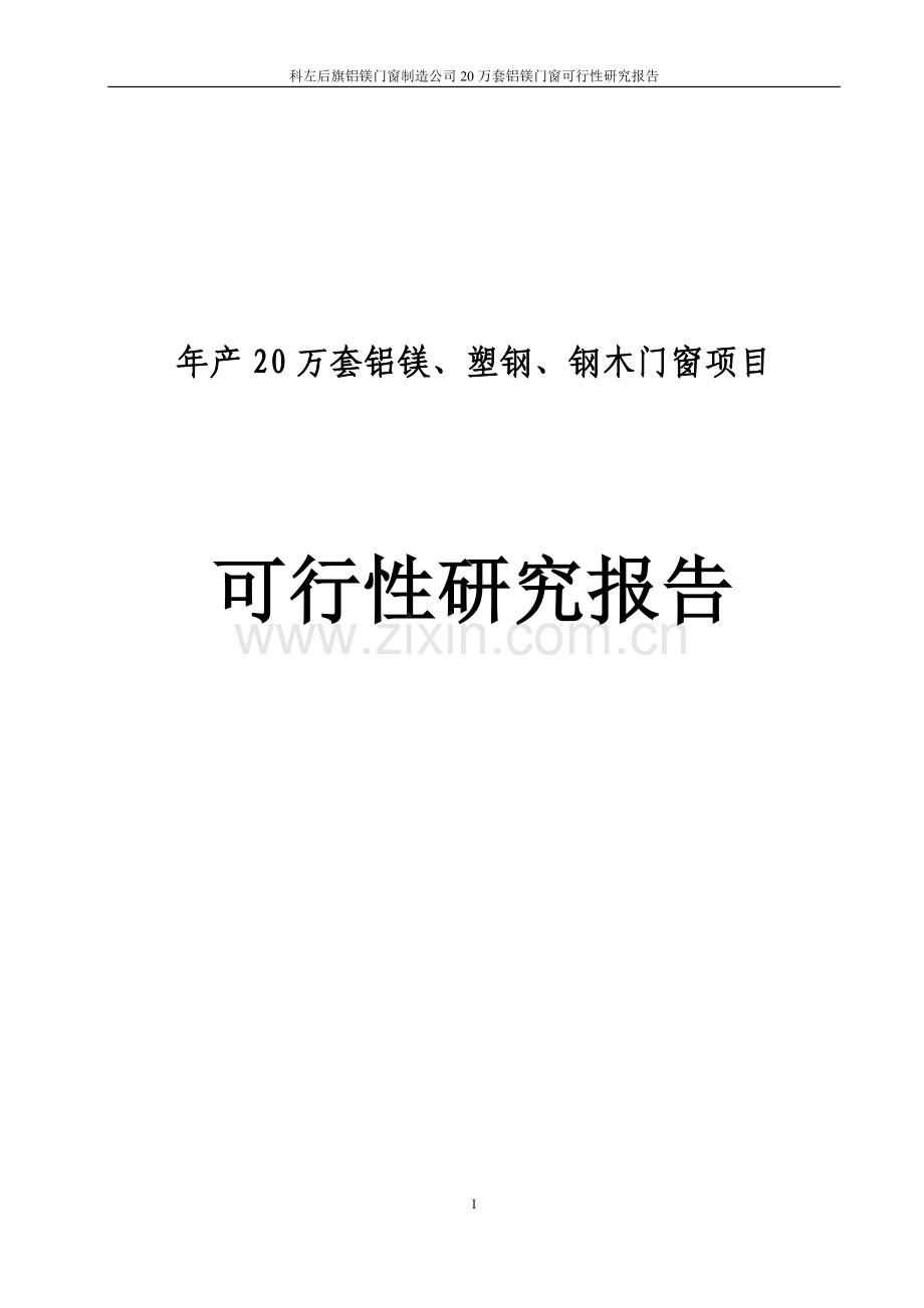 年产20万套铝镁、塑钢、钢木门窗项目可行性研究报告.doc_第1页