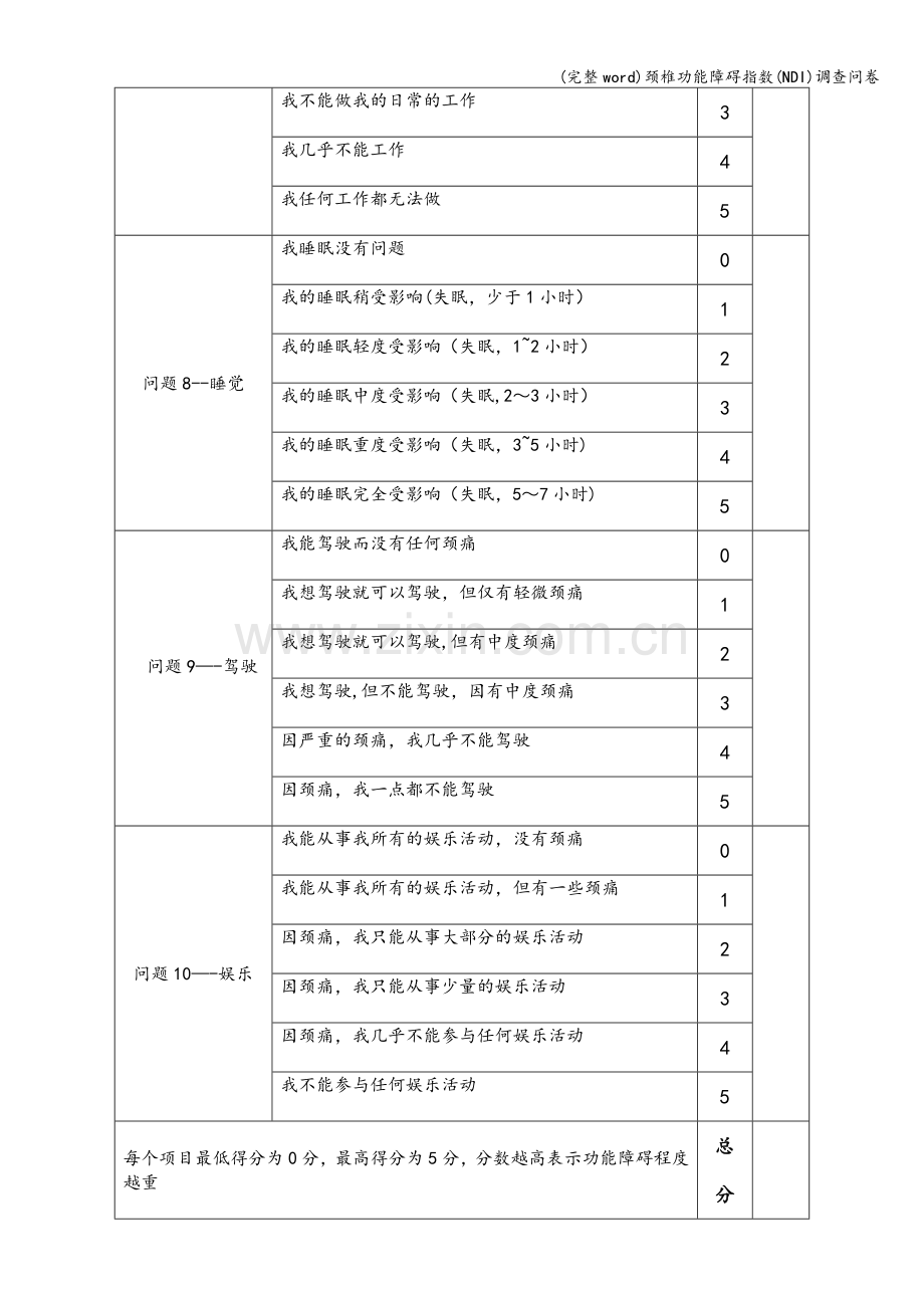 颈椎功能障碍指数(NDI)调查问卷.doc_第3页