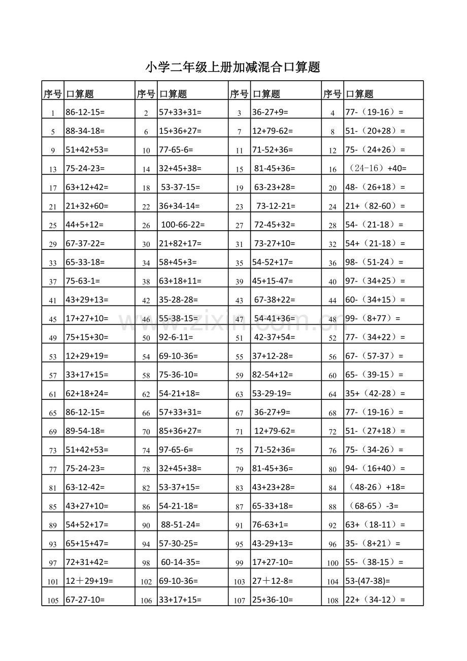 小学二年级上学期加减混合运算练习题.xls_第1页