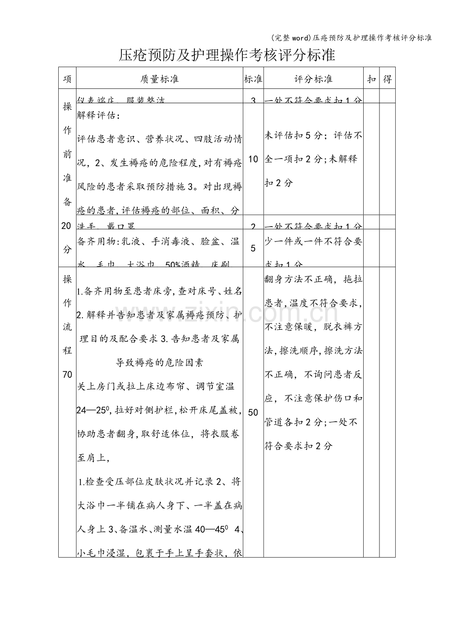 压疮预防及护理操作考核评分标准.doc_第1页