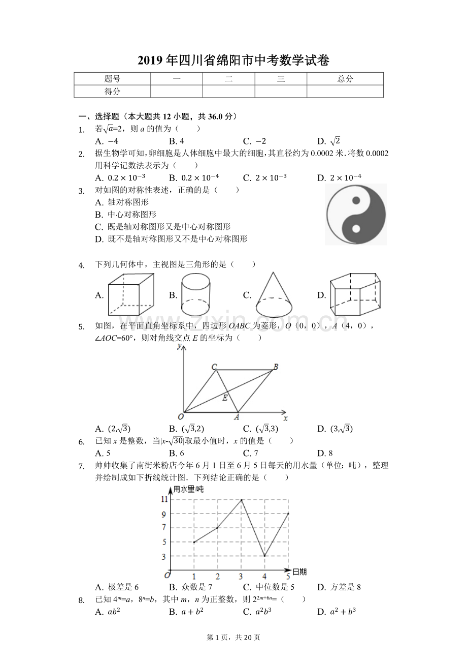 2019年四川省绵阳市中考数学试卷(后附答案).doc_第1页