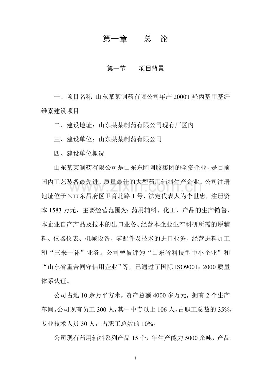 山东某制药有限公司年产2000t羟丙基甲基纤维素项目投资可行性研究报告.doc_第1页