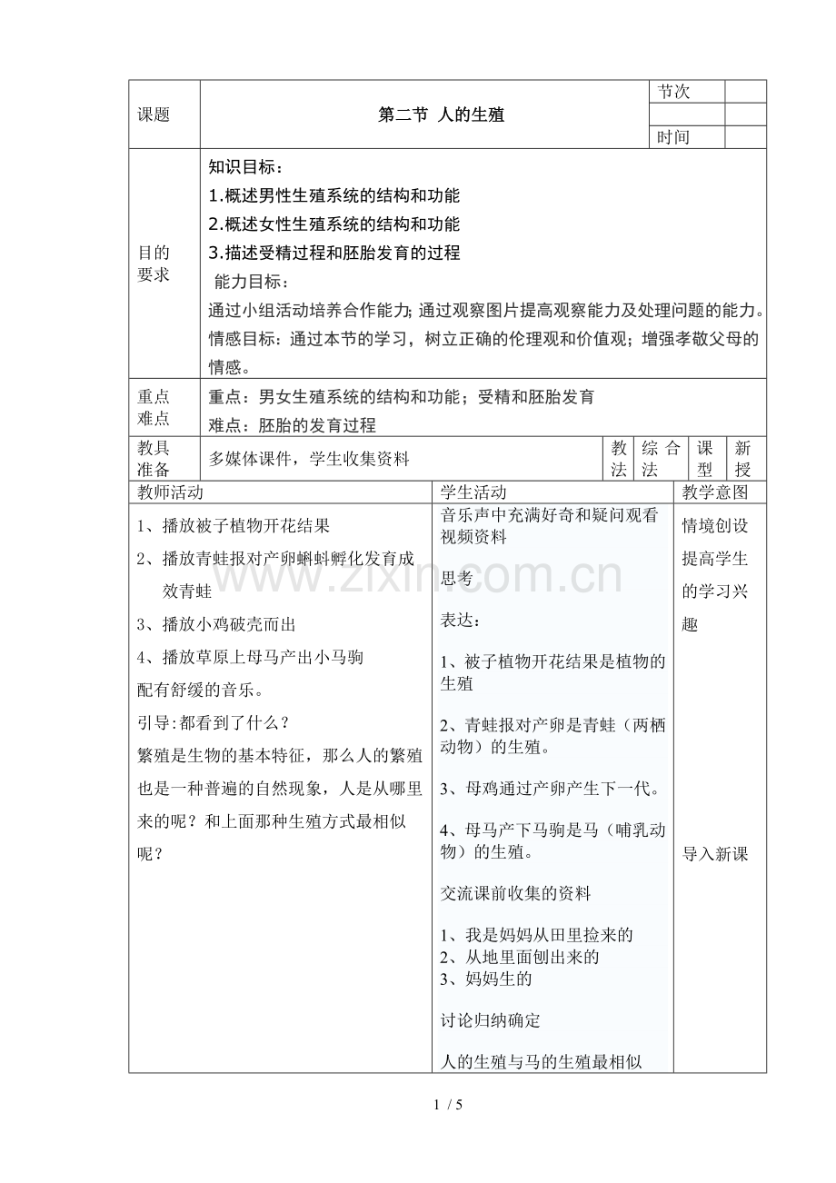 初二生物人的生殖教学设计[].doc_第1页