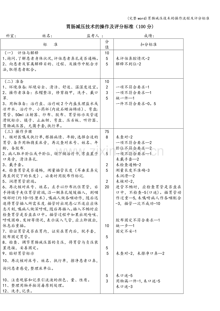 胃肠减压技术的操作流程及评分标准.doc_第1页