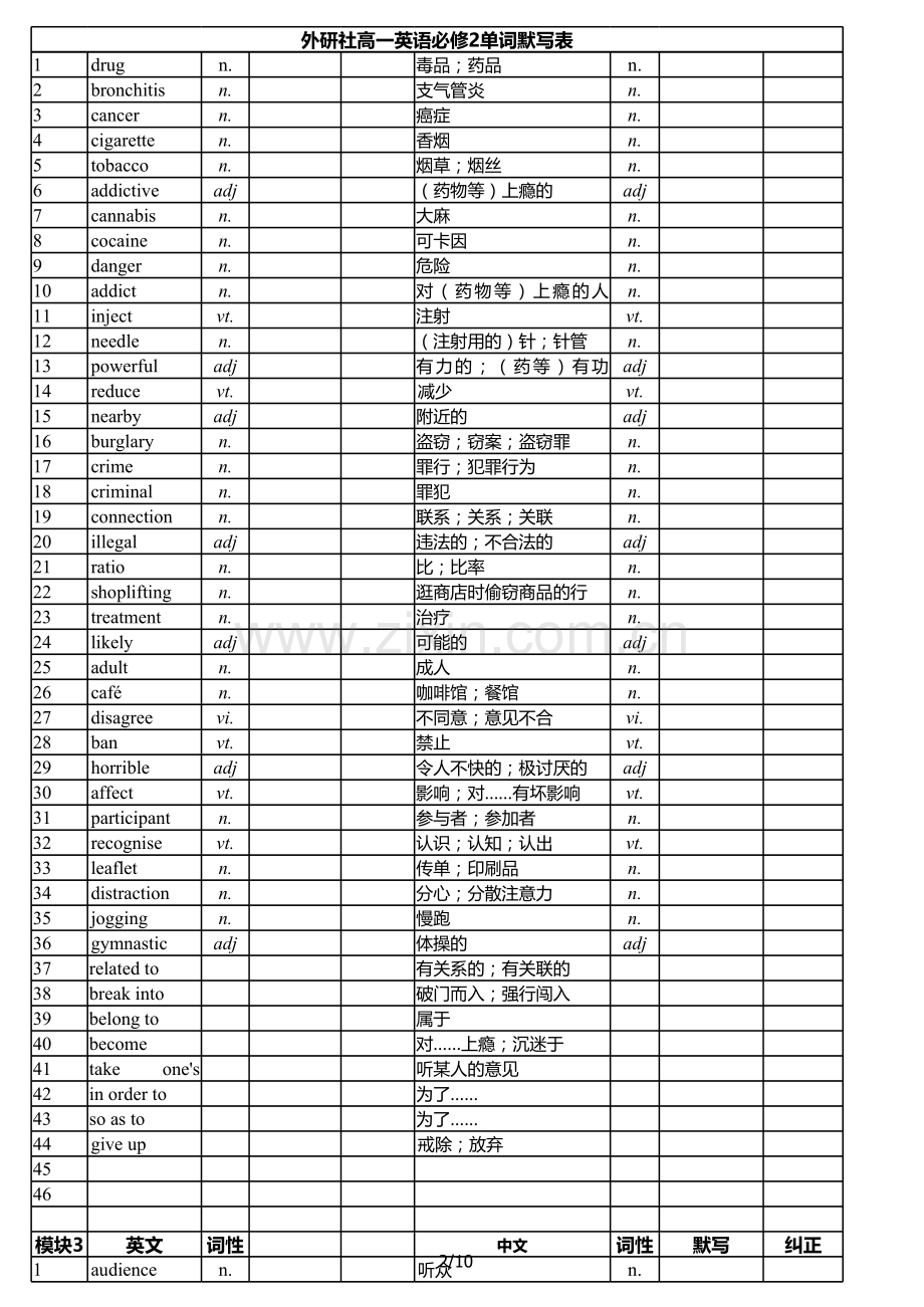外研版-高中英语单词表-必修二-默写纠正打印版.xls_第2页