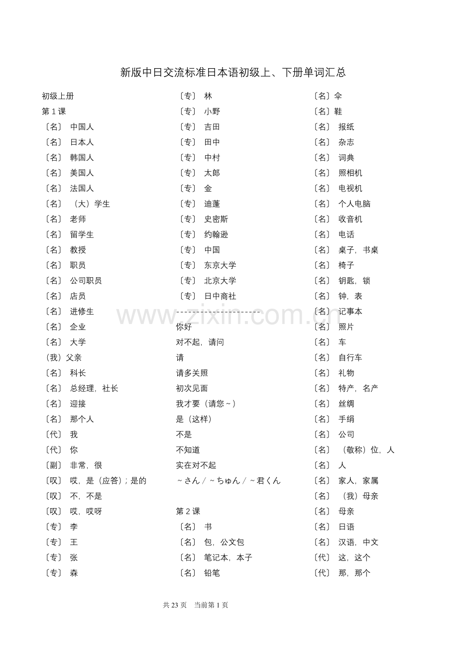 新版中日交流标准日本语初级上下册单词测试.doc_第1页