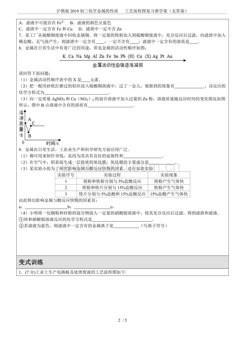 沪教版2019初三化学金属的性质工艺流程图复习教学案(无答案).doc_第2页