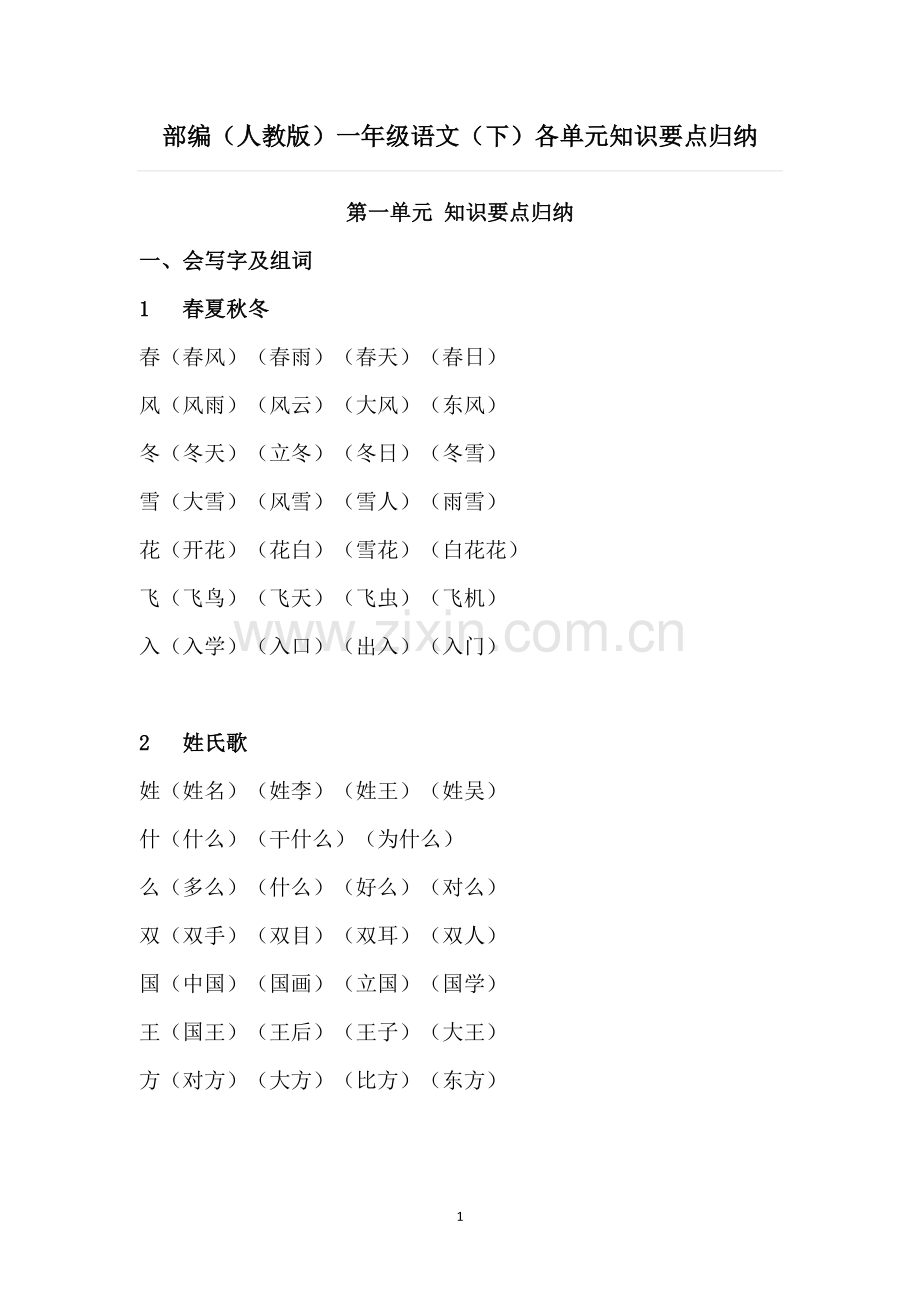 部编人教版语文一年级下册各单元知识点归纳32页.doc_第1页