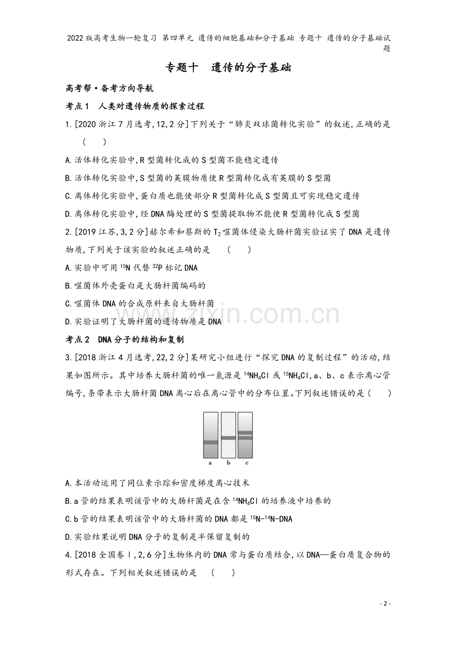 2022版高考生物一轮复习-第四单元-遗传的细胞基础和分子基础-专题十-遗传的分子基础试题.doc_第2页