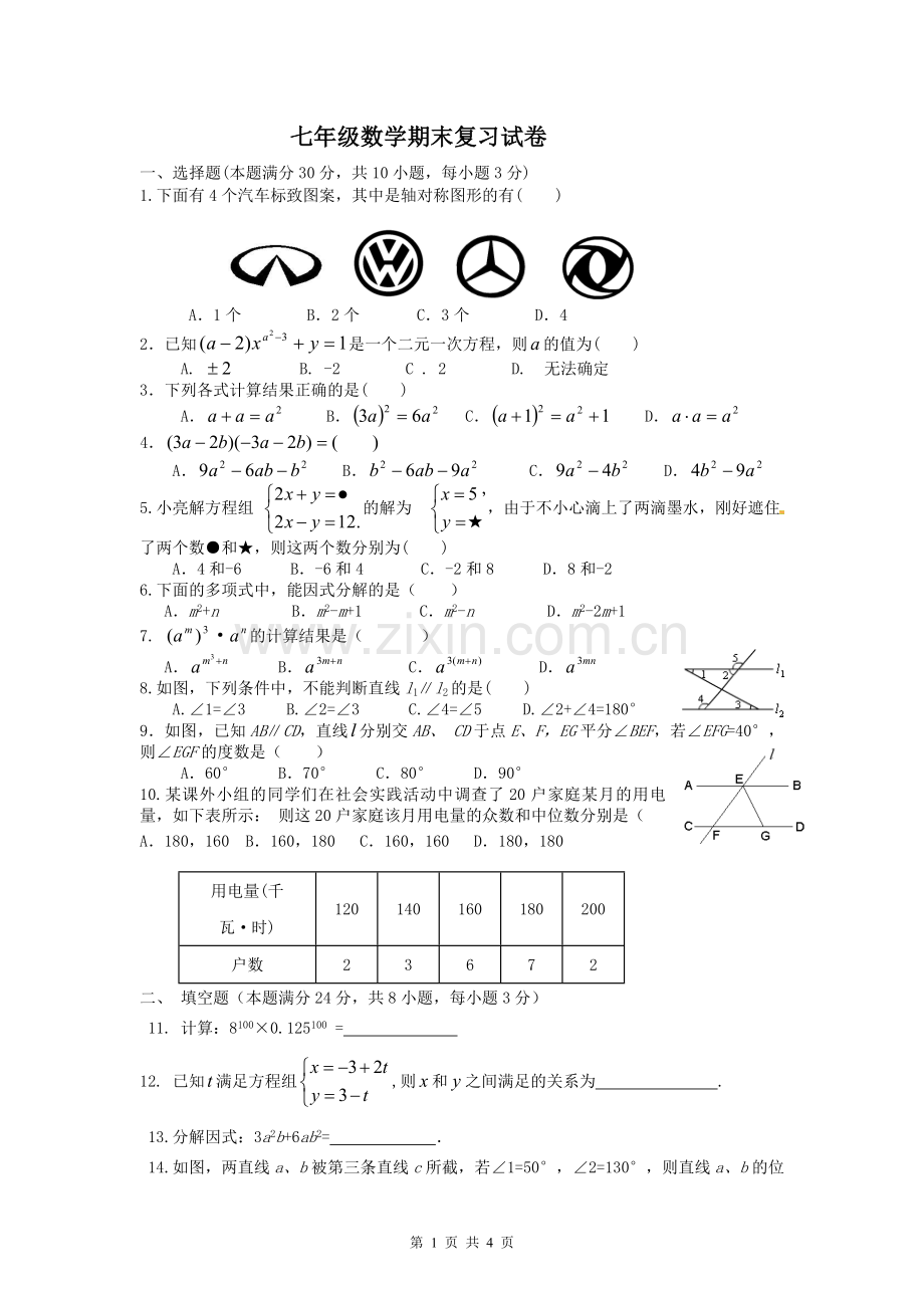 湘教版七年级下册期末复习数学试卷.doc_第1页