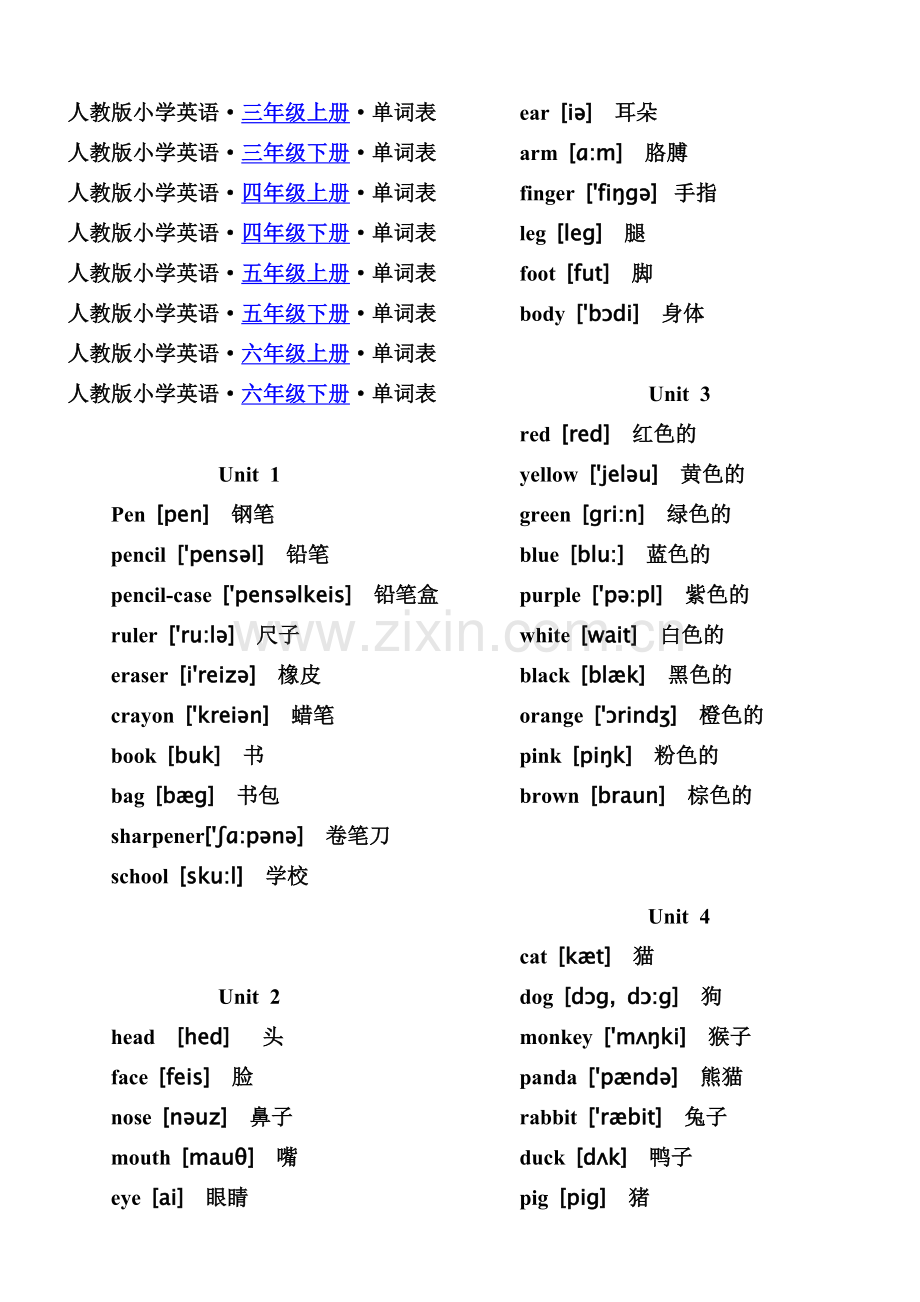 人教版(PEP)小学英语单词表(按年级).doc_第1页