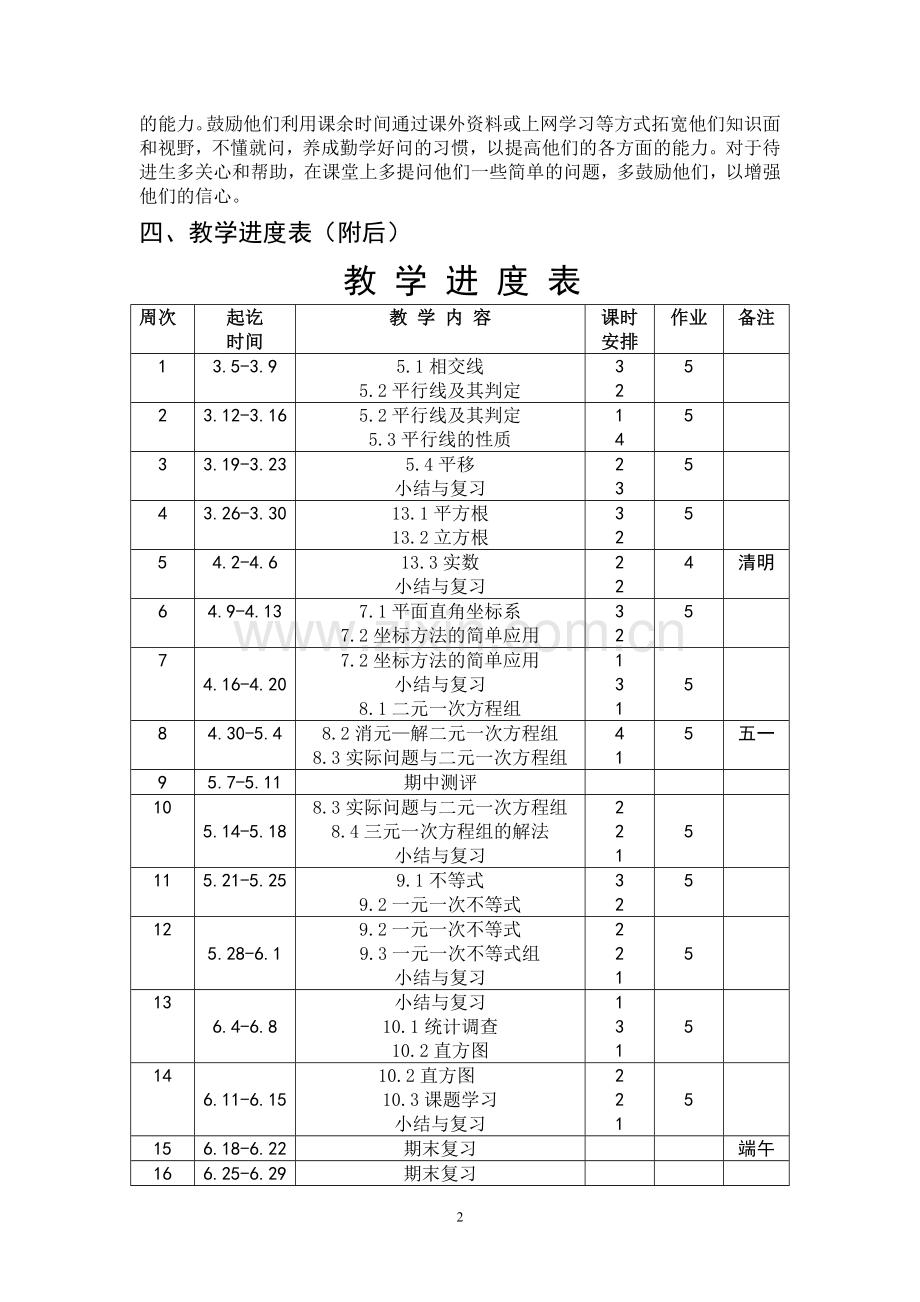 2017-2018人教版七年级下数学教学计划.doc_第3页